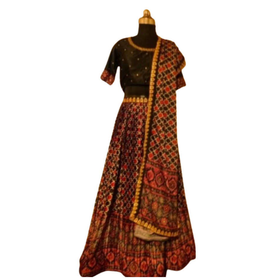 Designer Lehenga With Ajrak Print Silk Fabric