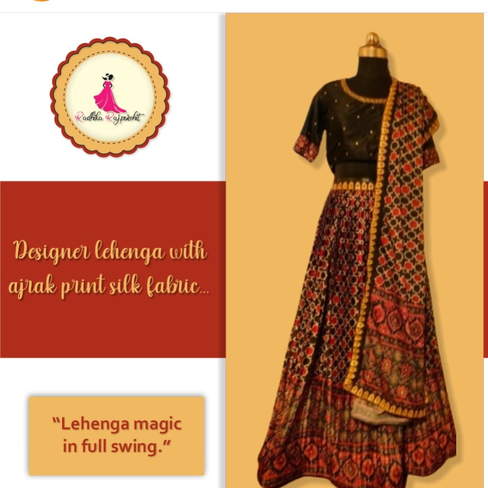 Designer Lehenga With Ajrak Print Silk Fabric