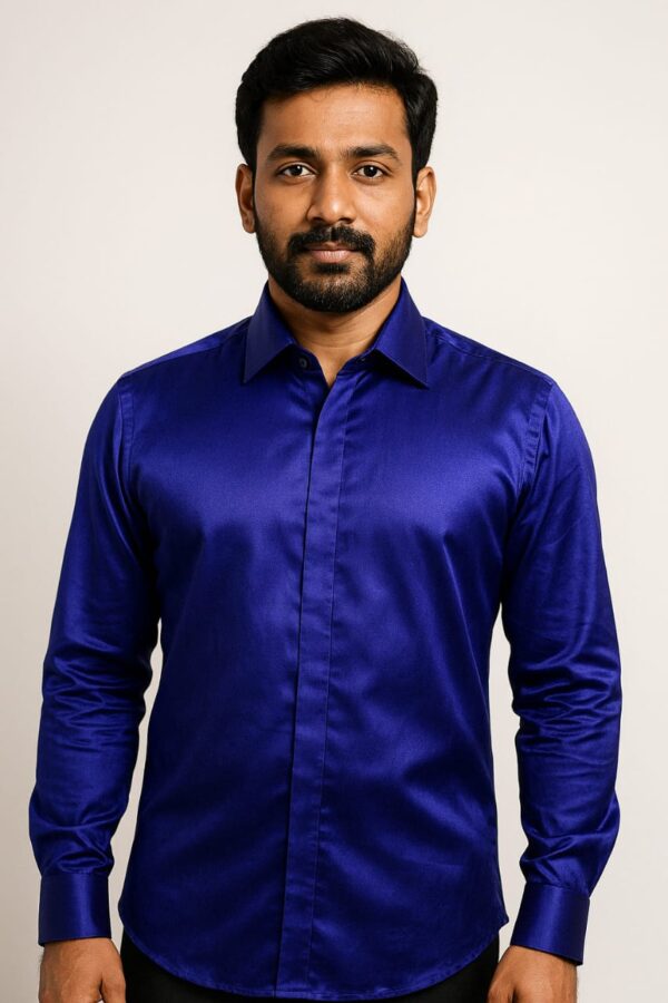 Royal Blue Satin Designer Shirt for Men – Party & Casual Luxe | Radhika Rajpurohit