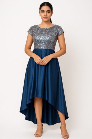 Blue Sequin High-Low Western Dress – Designer Party Wear by Radhika Rajpurohit