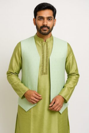 Custom Designer Green Raw Silk Kurta with Zardozi Neck & Chanderi Jacket – Bridal & Party Wear
