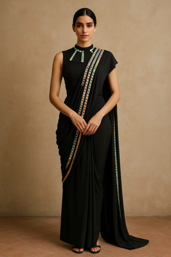 Designer Black Dhoti Drape Saree with Mirror Embellishments - By Radhika Rajpurohit