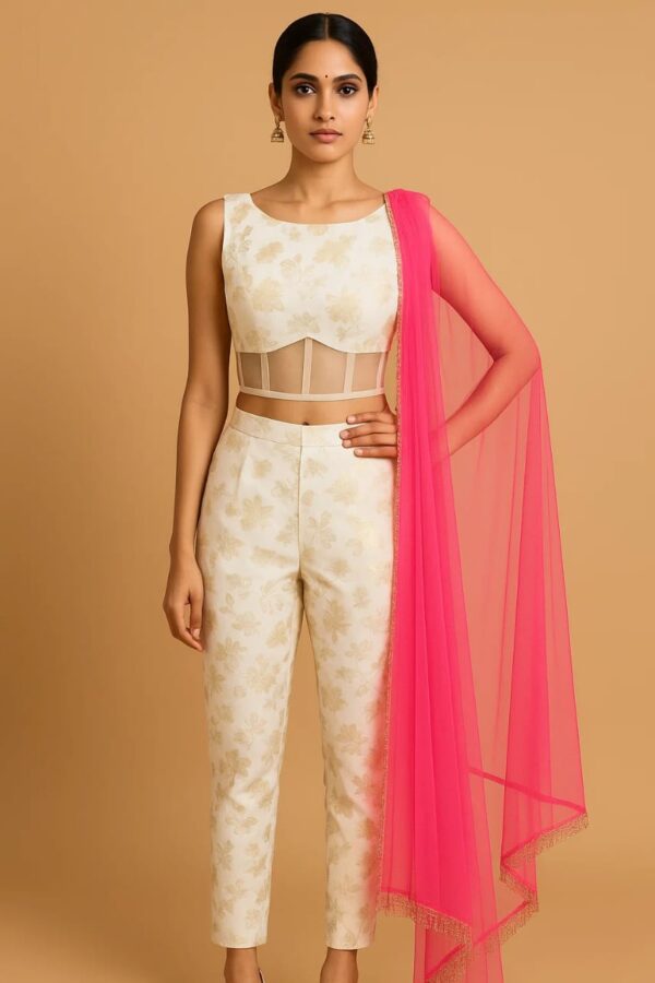 Designer Organza Draped Pant Saree with Sequins Dupatta - By Radhika Rajpurohit - Image 2