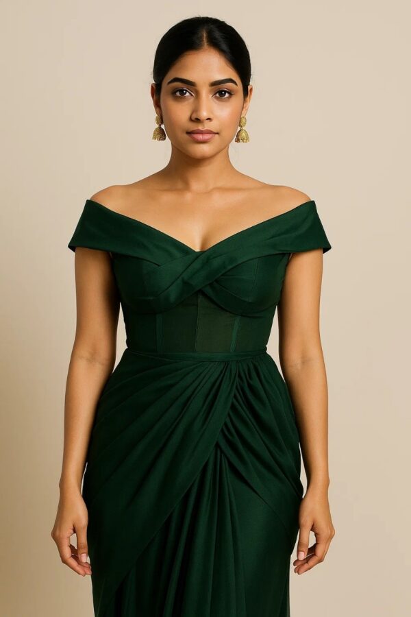Emerald Green Draped Party & Wedding Wear Set in Natural Crepe By Radhika Rajpurohit Designer Studio