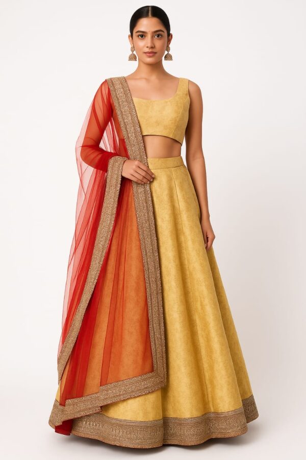 Pastel Yellow Custom Designer Banarasi Lehenga with Minimal Embellished Border