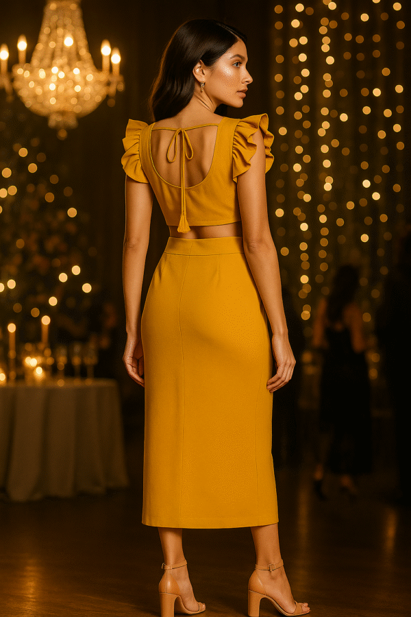 Custom Falling Raw Silk Dhoti Lehenga with Ruffle & Net Detailing by Radhika Rajpurohit - Image 4