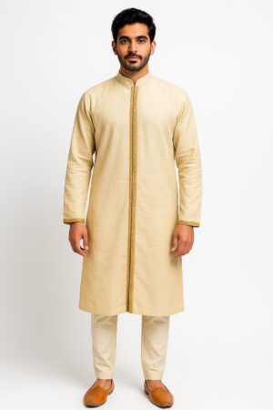 Embellished Pastel Designer Kurta for Men in Linen Cotton – Bridal & Party Wear