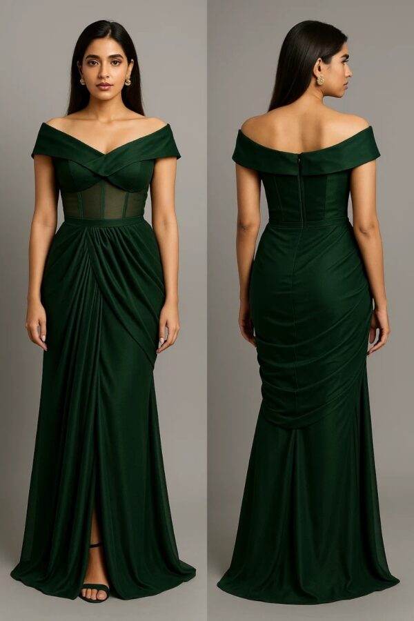 Emerald Green Draped Party & Wedding Wear Set in Natural Crepe By Radhika Rajpurohit Designer Studio - Image 2