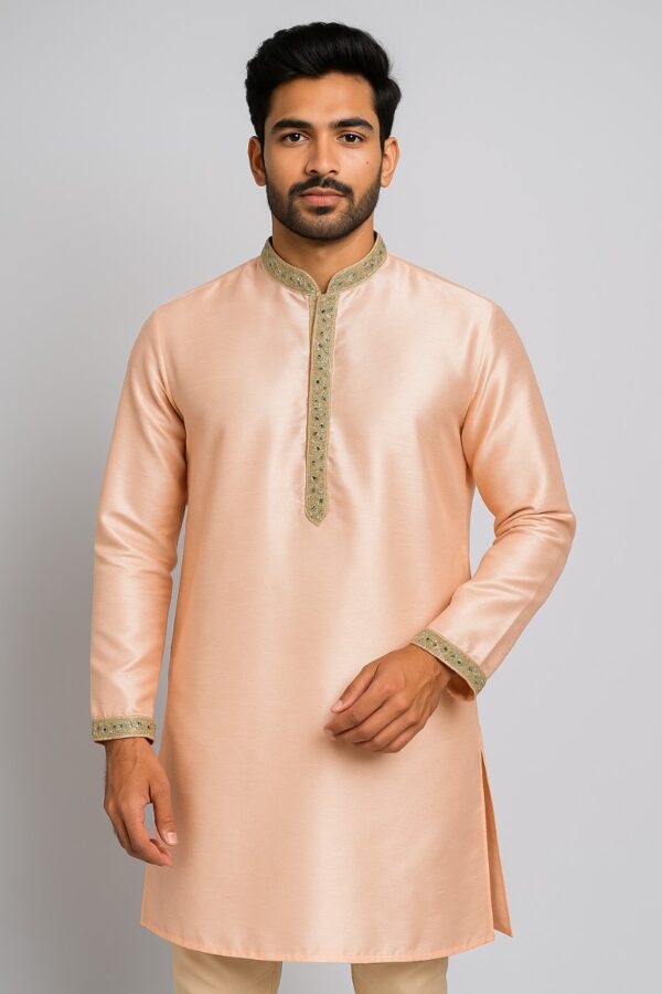 Peach Raw Silk Embellished Designer Kurta