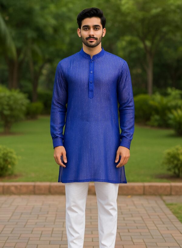 Royal Blue Shimmer Kurta & See-Through Top for Men – Festive Elegance Redefined