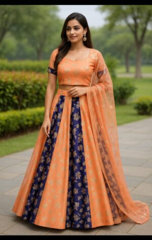 Regal Orange & Navy Blue Floral Lehenga Choli