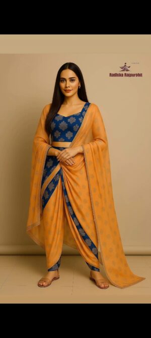Mustard Gold & Royal Blue Draped Salwar Set