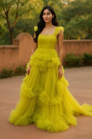 Lemon Green Ruffle Net Gown – Customised Designer Party Wear