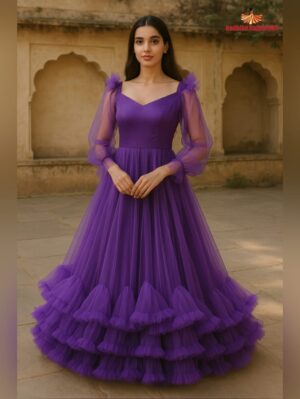 Purple Ruffle Net Gown – Customised Designer Wear