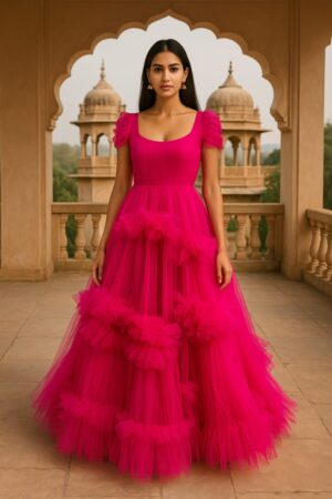 Pink Ruffle Net Gown – Customised Designer Statement Wear
