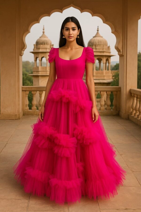 Pink Ruffle Net Gown – Customised Designer Statement Wear