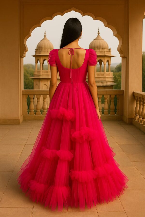 Pink Ruffle Net Gown – Customised Designer Statement Wear - Image 2