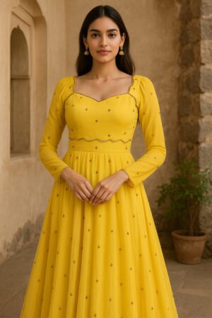 Designer Yellow Tissue Anarkali with Embellished Detailing by Rhadhika Raajpurohit
